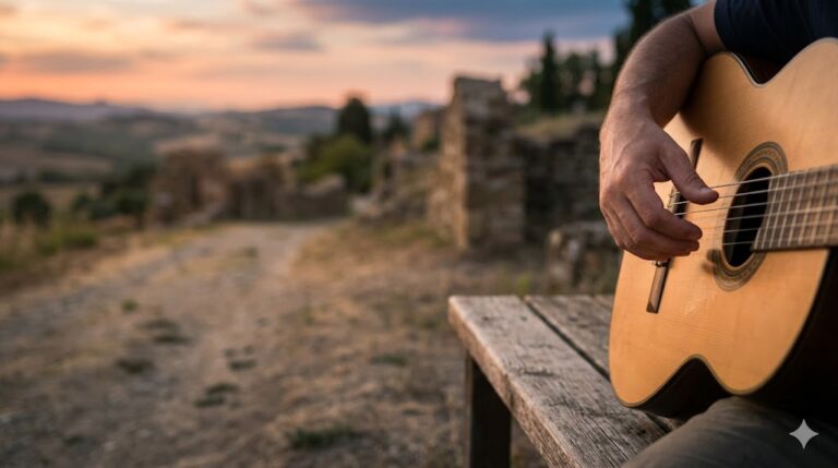 Primo piano delle mani di un musicista che suona una chitarra acustica all'aperto durante il tramonto, con rovine antiche sfocate sullo sfondo, a simboleggiare la connessione tra musica, spiritualità e il momento presente.