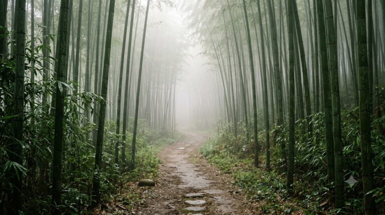 Un sentiero sterrato e nebbioso che si addentra in una fitta foresta di bambù verde, simbolo di consapevolezza spirituale.