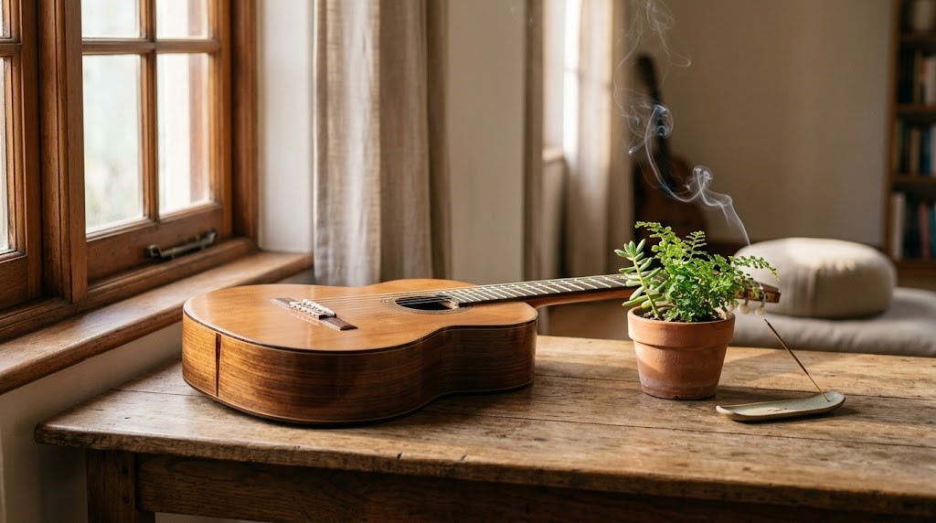 Chitarra classica e incenso per articolo su armonia interiore e musica